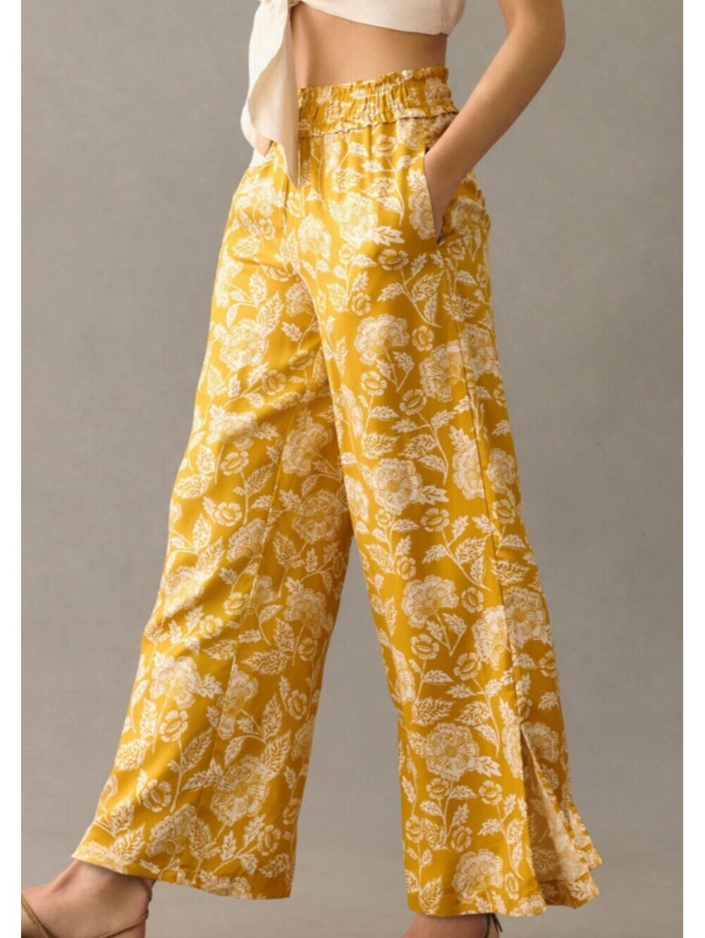 ANTHROPOLOGIE mustard yellow white floral pants sz XS